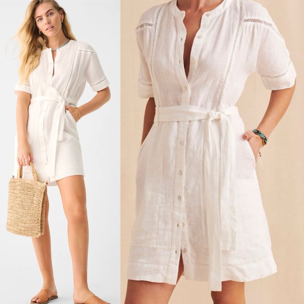 Faherty 100% Linen White Dress‎ Size XXS Prado Pockets Belted Short Sleeves Mini
